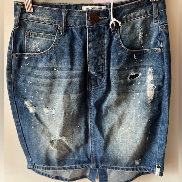 One Teaspoon Blue Cult Distressed Denim Skirt NWT 27 - Picture 3 of 6